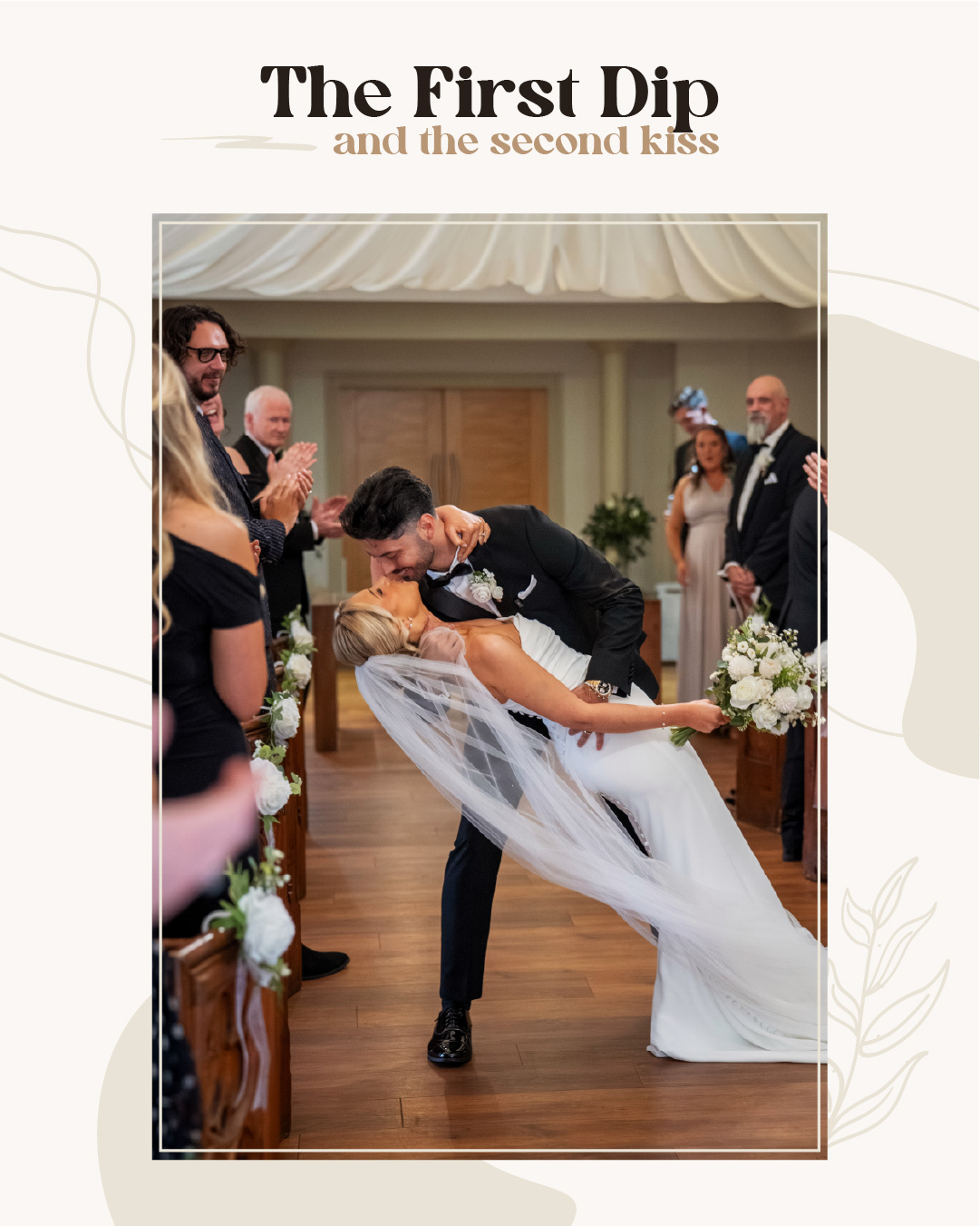 A bride and groom share a kiss as the groom dips the bride in the aisle of a wedding ceremony, surrounded by guests. Wedding Photo taken by Jennings Photography