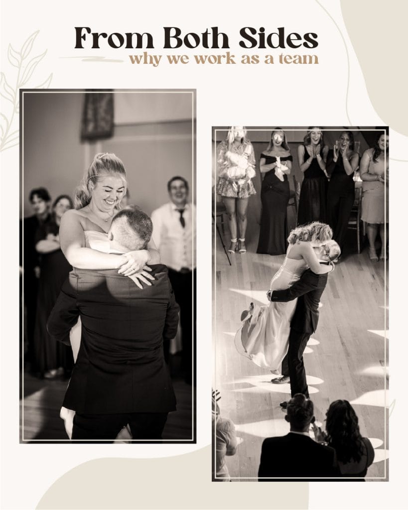 A bride and groom share a joyful dance at their wedding, surrounded by clapping guests. The images show different angles of the couple’s embrace on the dance floor. Wedding Photo taken by Jennings Photography