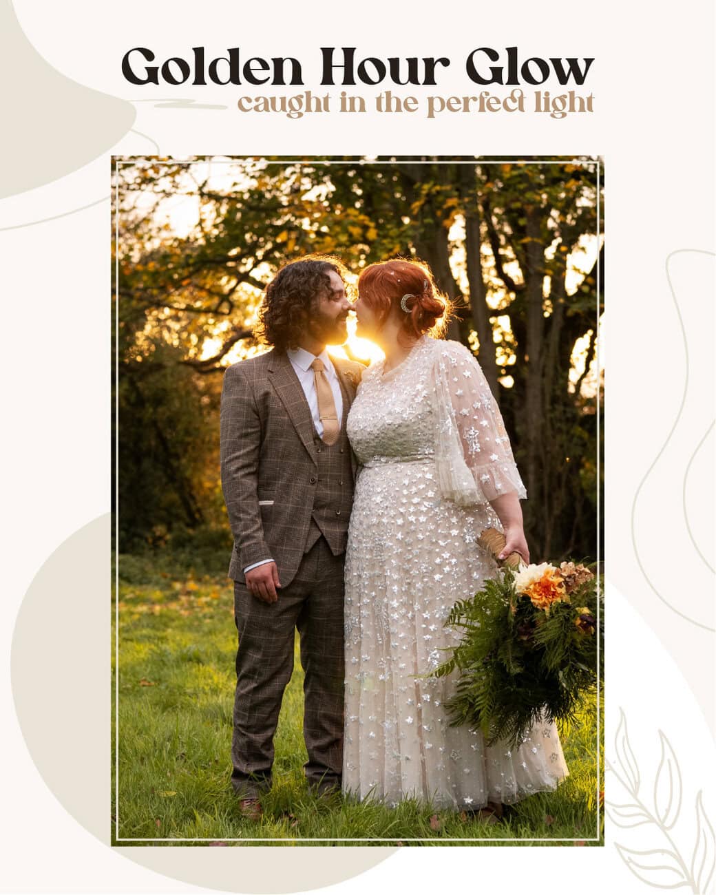 A couple dressed in wedding attire stands in a grassy area at sunset, facing each other and touching noses, with the sun shining through the trees behind them. Wedding Photo taken by Jennings Photography