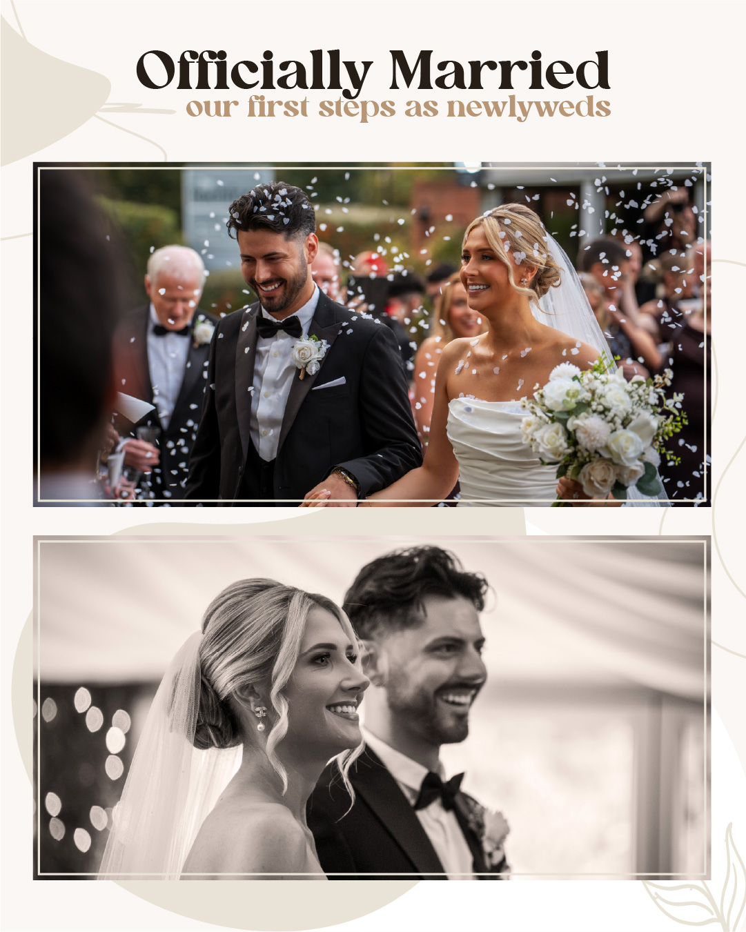 Two wedding photos: a newlywed couple smiling as confetti falls, and a black-and-white image of them standing together, both dressed in wedding attire. Wedding Photo taken by Jennings Photography