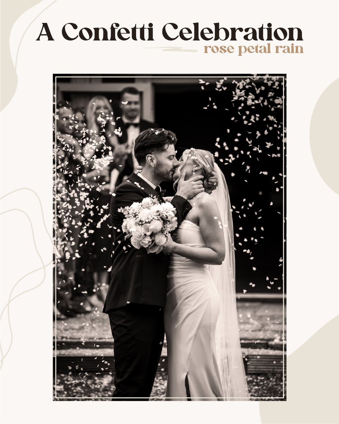 A bride and groom kiss while guests throw confetti during their wedding celebration. Wedding Photo taken by Jennings Photography